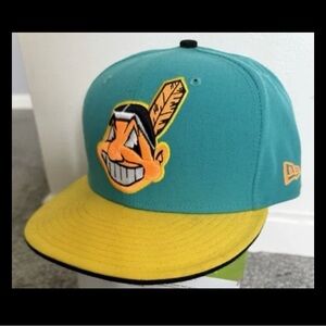 New Era Cleveland Indians Teal/Gold Chief Wahoo 59FIFTY Fitted Hat Size 7 3/8